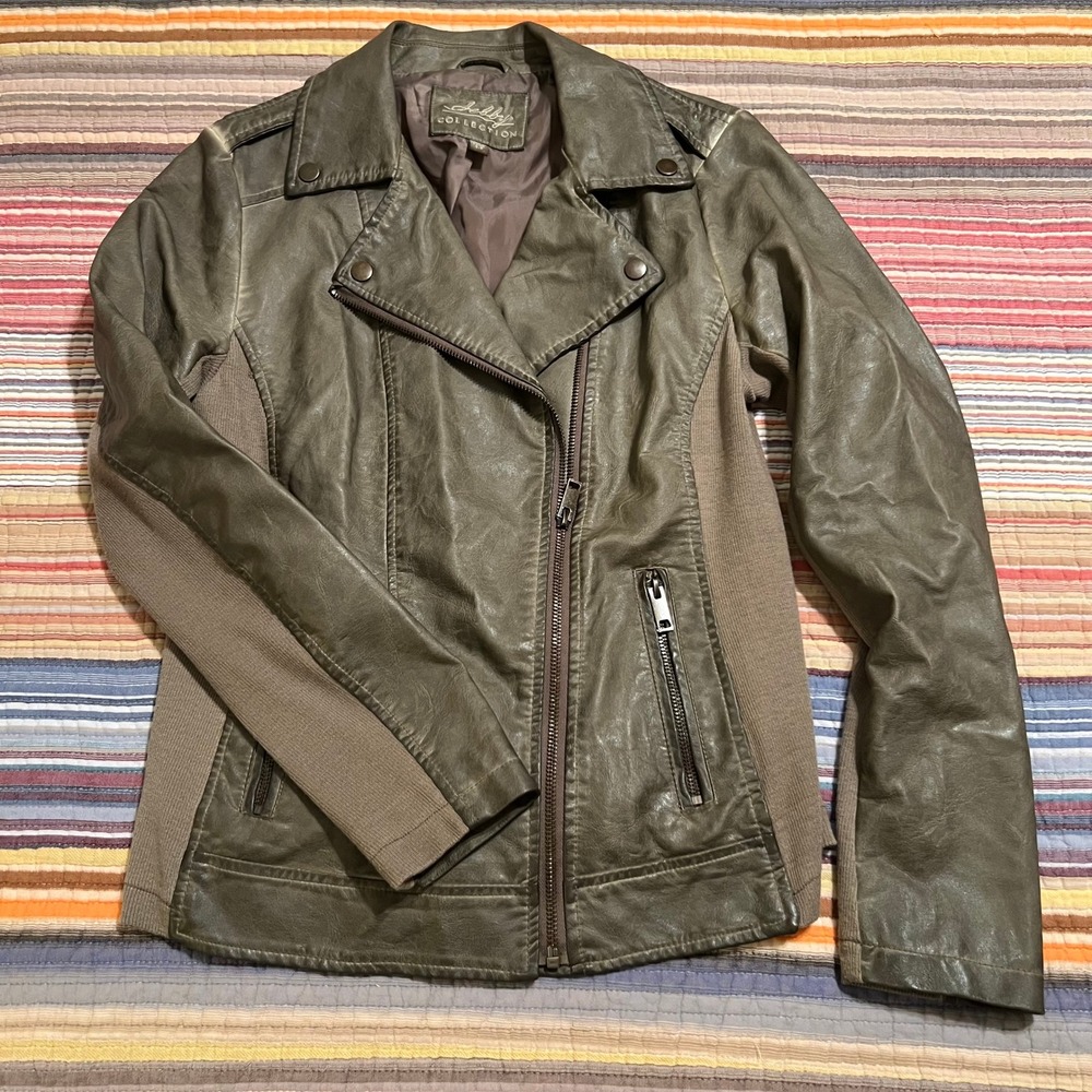 Sebby Collection Womens Olive Green Faux Leather Moto Jacket S‎ P